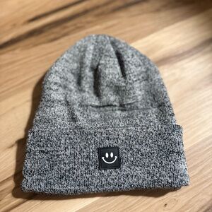 Gray Knit Beanie with Smiley Patch